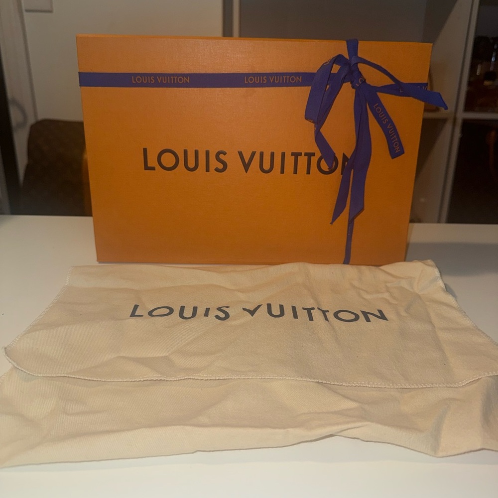 Louis Vuitton Orange Box with Blue Ribbon and Cream Dust Bag